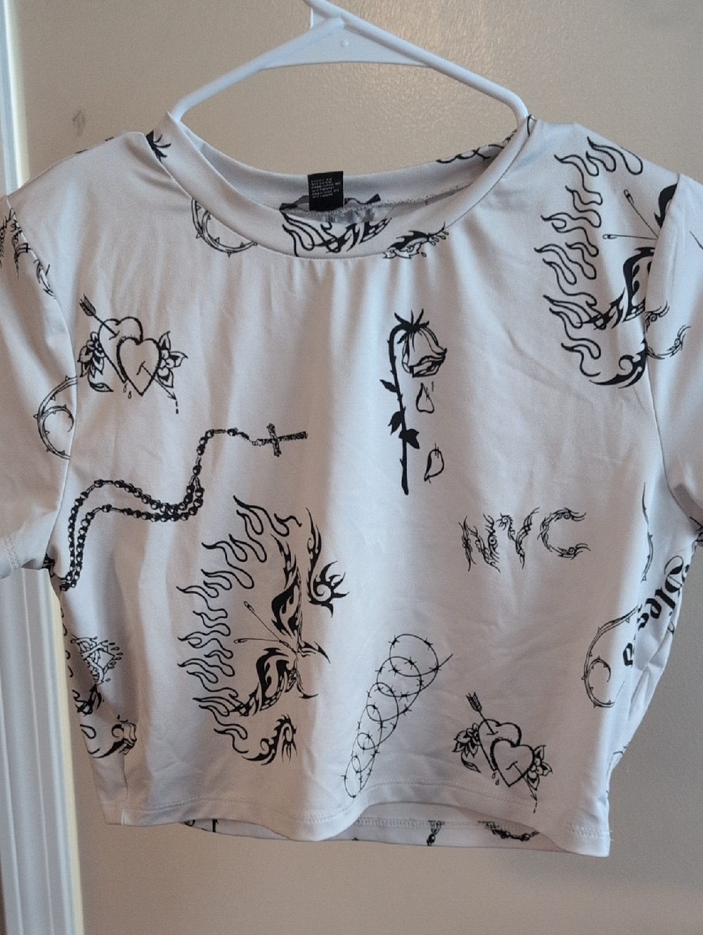 Forever 21 White Crop Top with Black Tattoo-Style Print